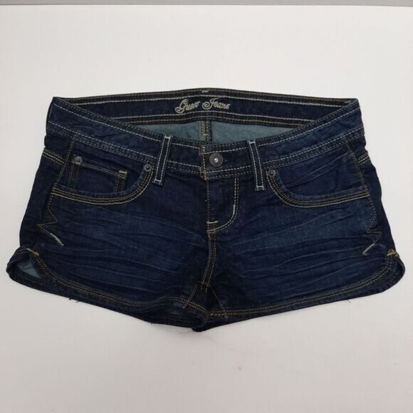 GUESS Dark Blue Jean Short Shorts Whiskering Details Sz 25 - Picture 2 of 10